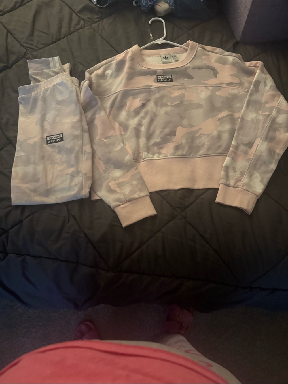 adidas Pink & Cream Camo Crop Sweatshirt and Joggers Set